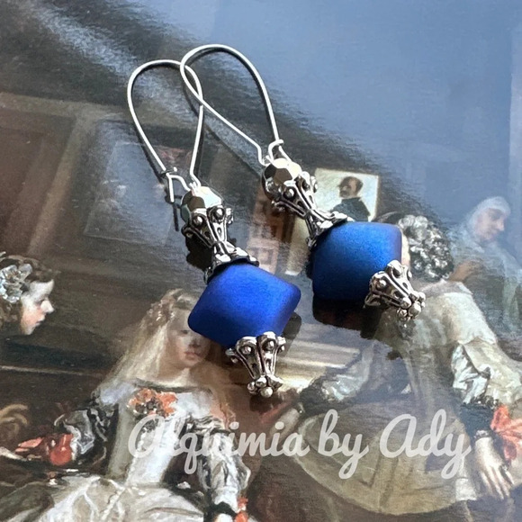 Vintage indigo and Bali silver Victorian dangle long earrings - Picture 1 of 1